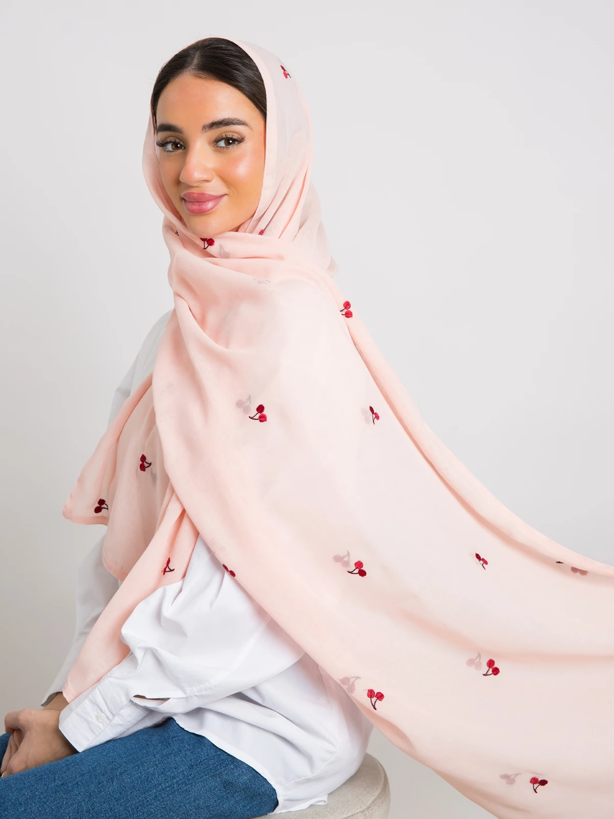 Peach cherry embroidery comfy Japanese voile hijab tarha by kaafmeem for daily wear