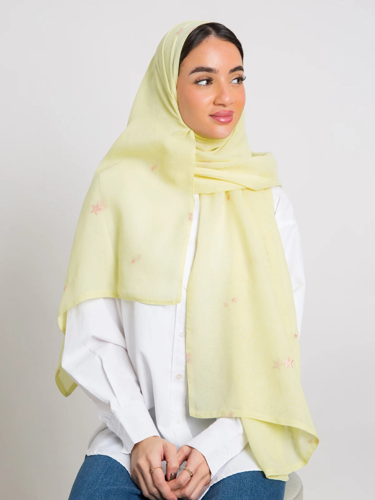 Yellwo stars embroidery comfy Japanese voile hijab tarha by kaafmeem for daily wear