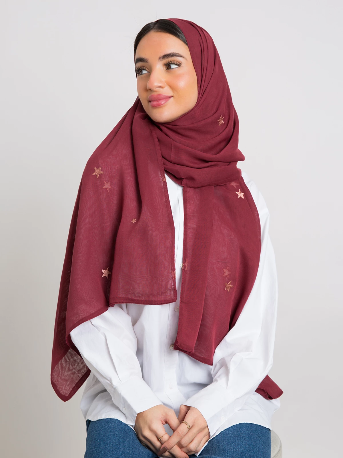Maroon stars embroidery comfy Japanese voile hijab tarha by kaafmeem for daily wear
