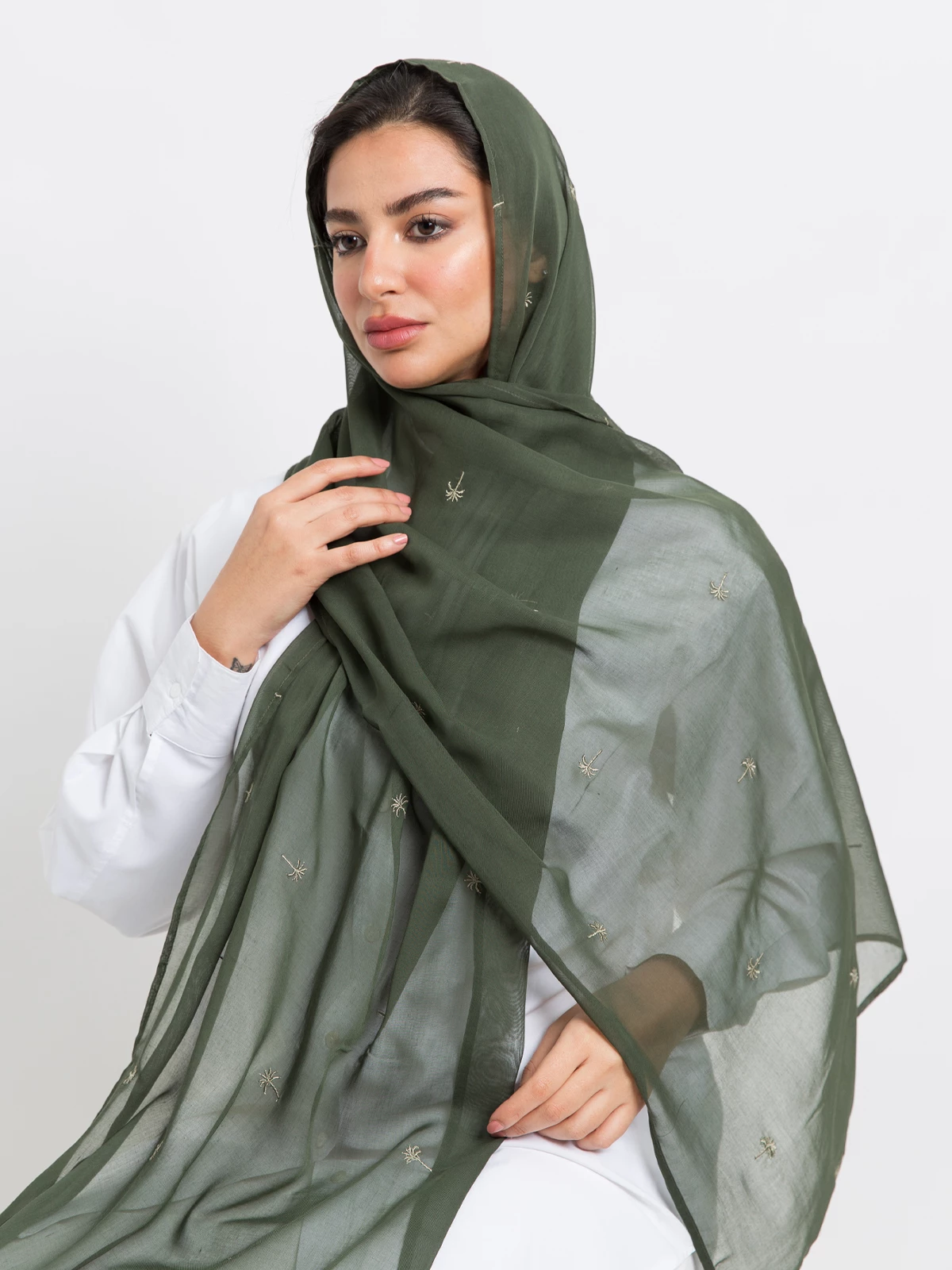 Olive palm tree embroidery comfy Japanese voile hijab tarha by kaafmeem for saudi founding day
