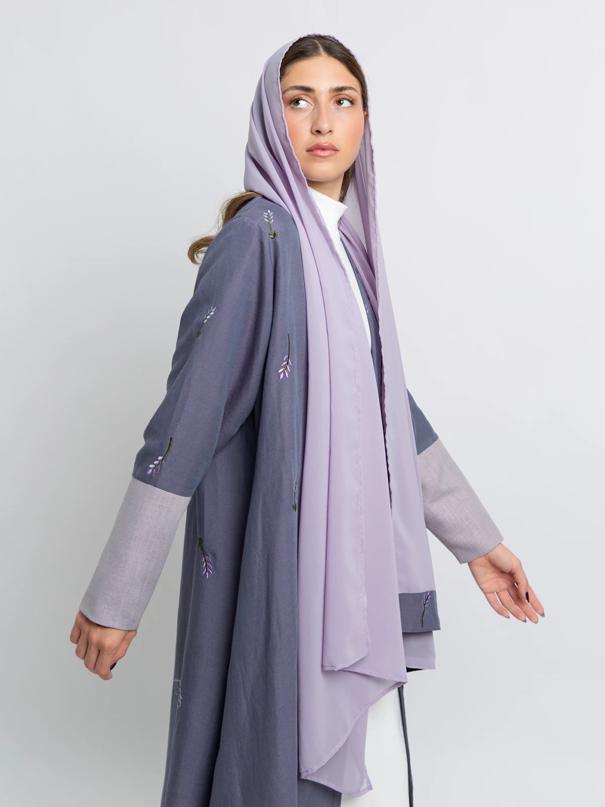 purple half cloche fancy linen abaya with lavender embroidery in high quality fabric by kaafmeem black friday