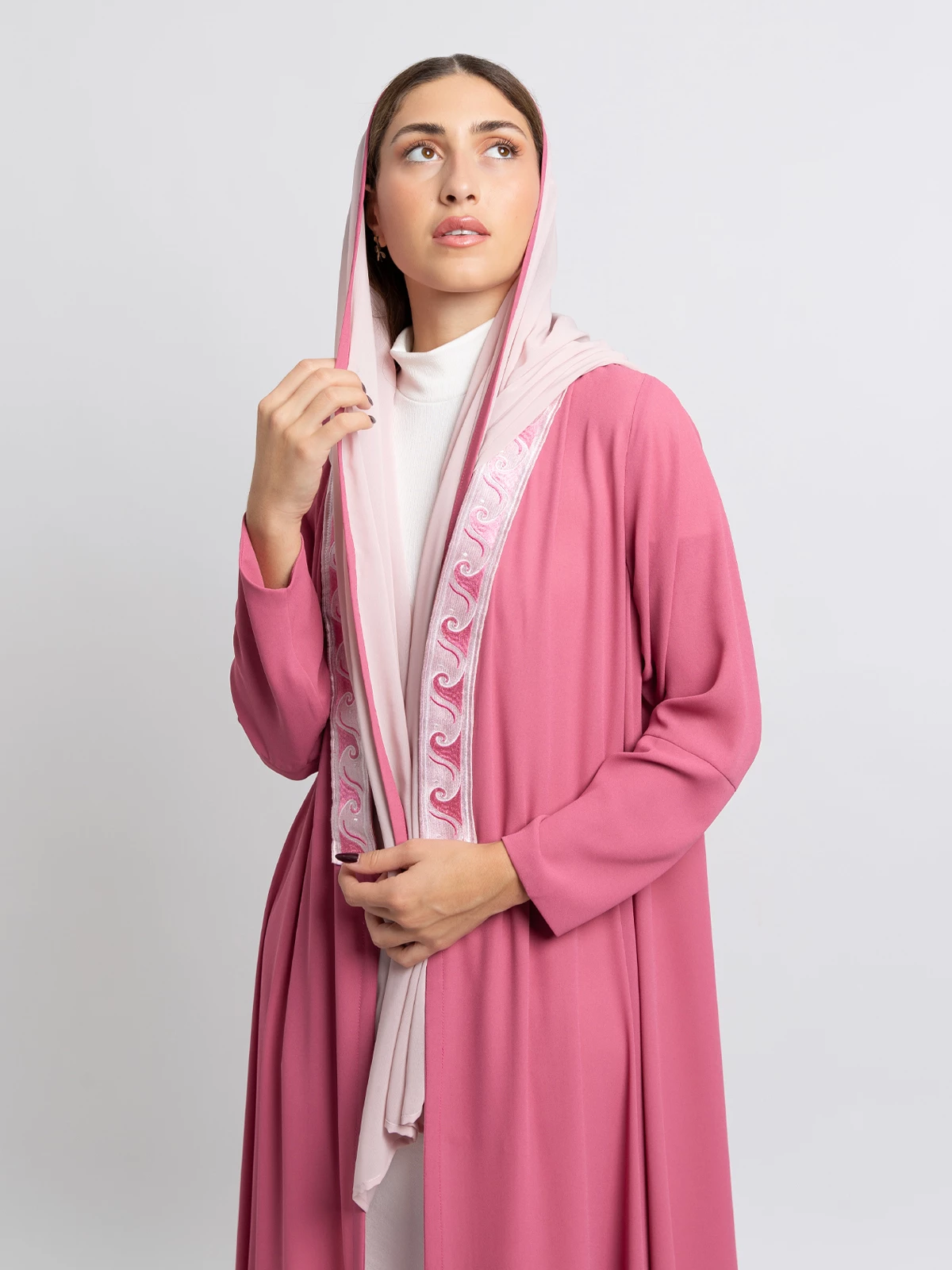 Pink long open half cloche A cut abaya in high quality crepe fabric by kaafmeem with waves kulfa on the front
