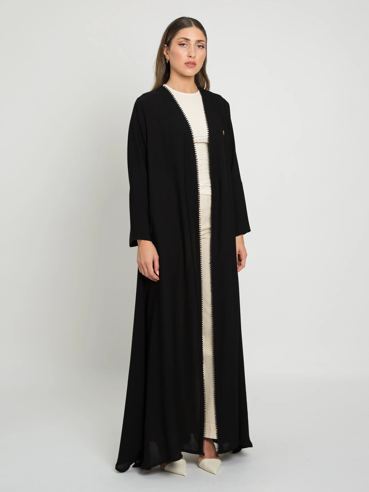 Black open long fancy abaya with black qitan in high quality fabric by kaafmeem for events and occasions