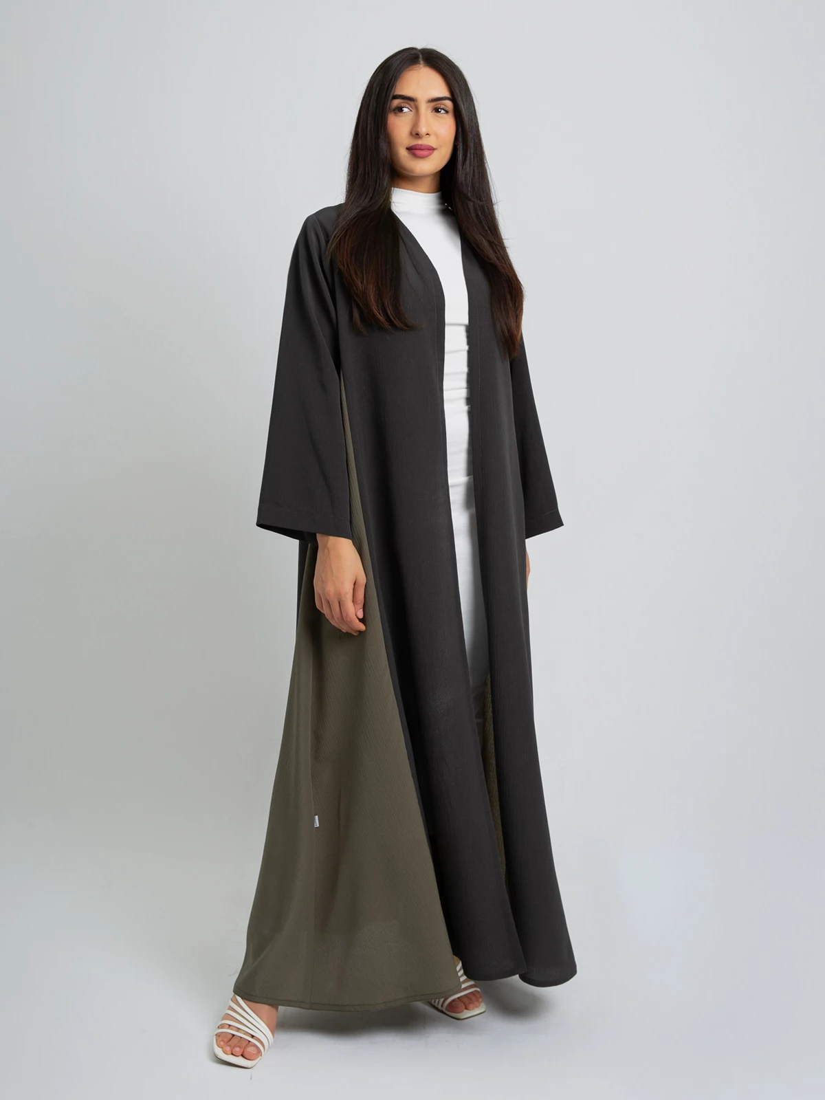 Olive shades princess A cut open long half cloche abaya in high quality yoryu fabric by kaafmeem