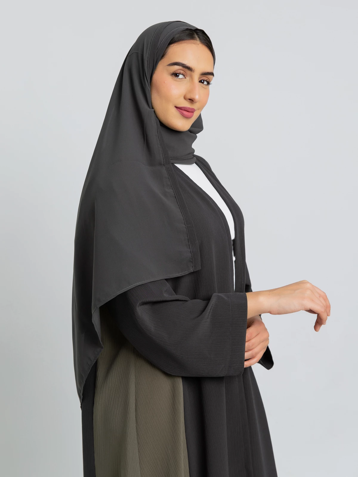 Olive shades princess A cut open long half cloche abaya in high quality yoryu fabric by kaafmeem