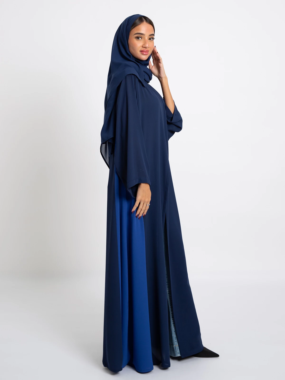 Navy with blue sides princess A cut open long half cloche abaya in high quality fabric by kaafmeem