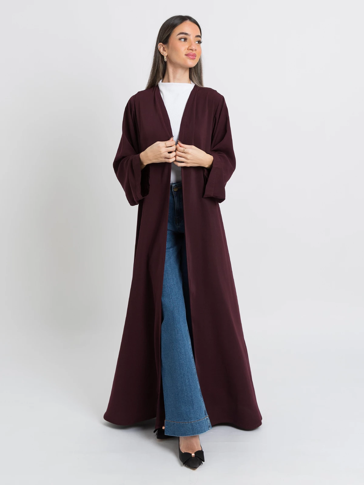 Maroon Half Cloche A-Cut Long Open Abaya