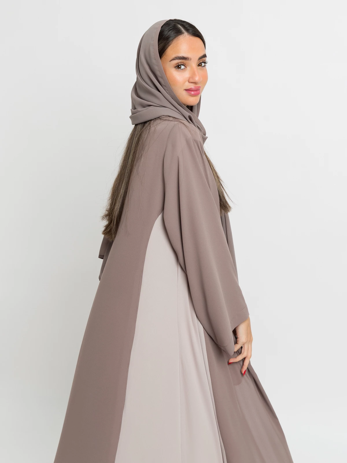 Shades of brown half cloche A cut princess abaya in light fabric by kaafmeem end of the year offers and sale