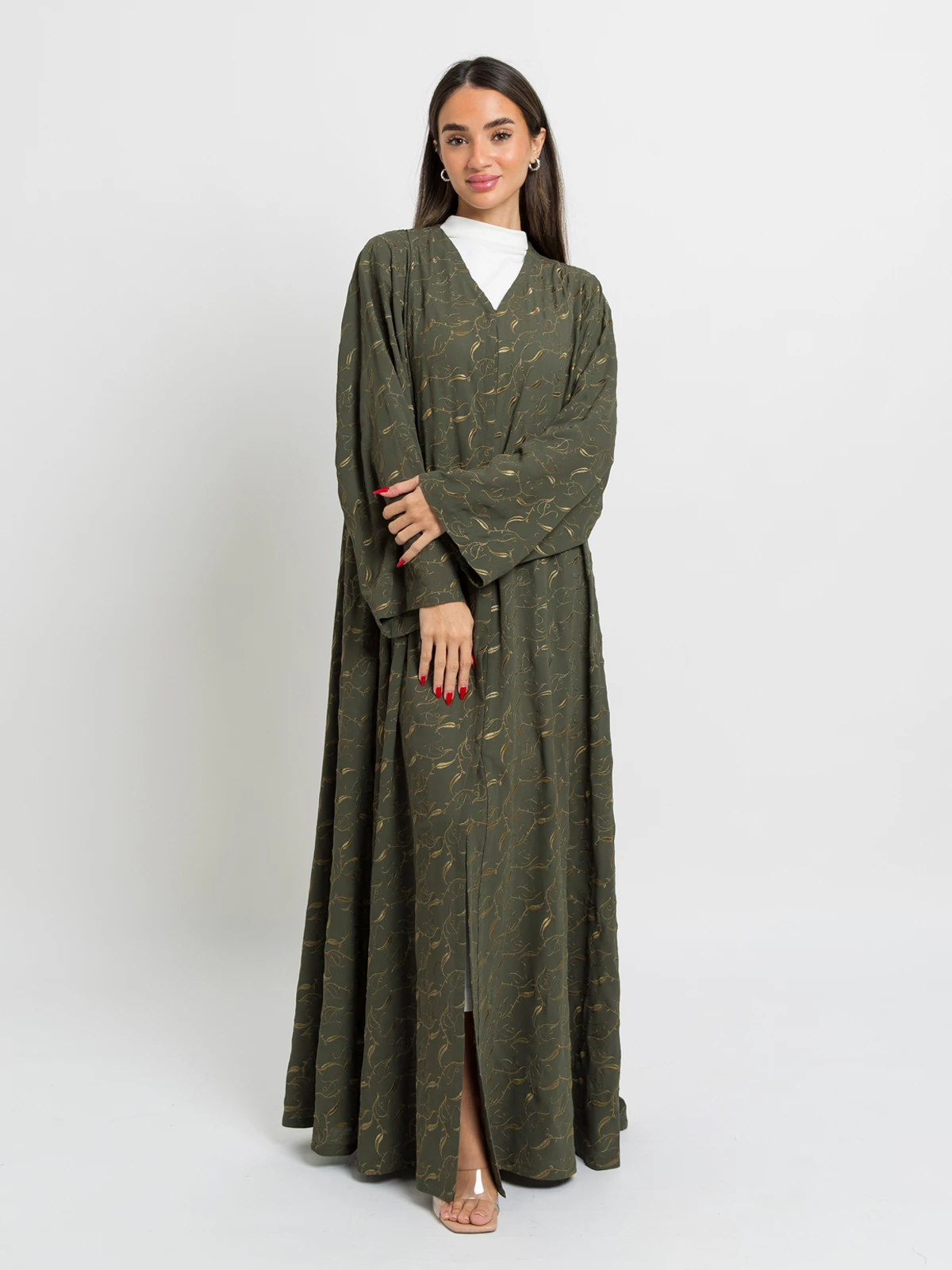 Olive half cloche A cut closed embroidered abaya in crepe fabric by kaafmeem end of the year offers and sale