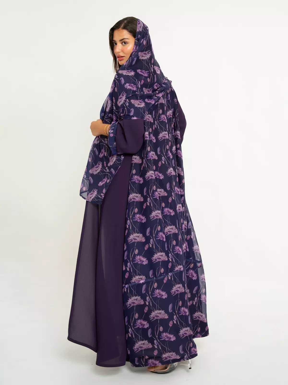 Latest Abayas, Clothing & Tarha A-cut Half Cloche Cotton Abaya | Purple  Printed Abaya