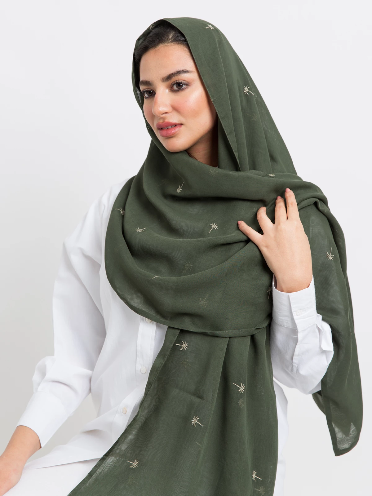 Olive palm tree embroidery Japanese voile hijab tarha by kaafmeem for saudi founding day