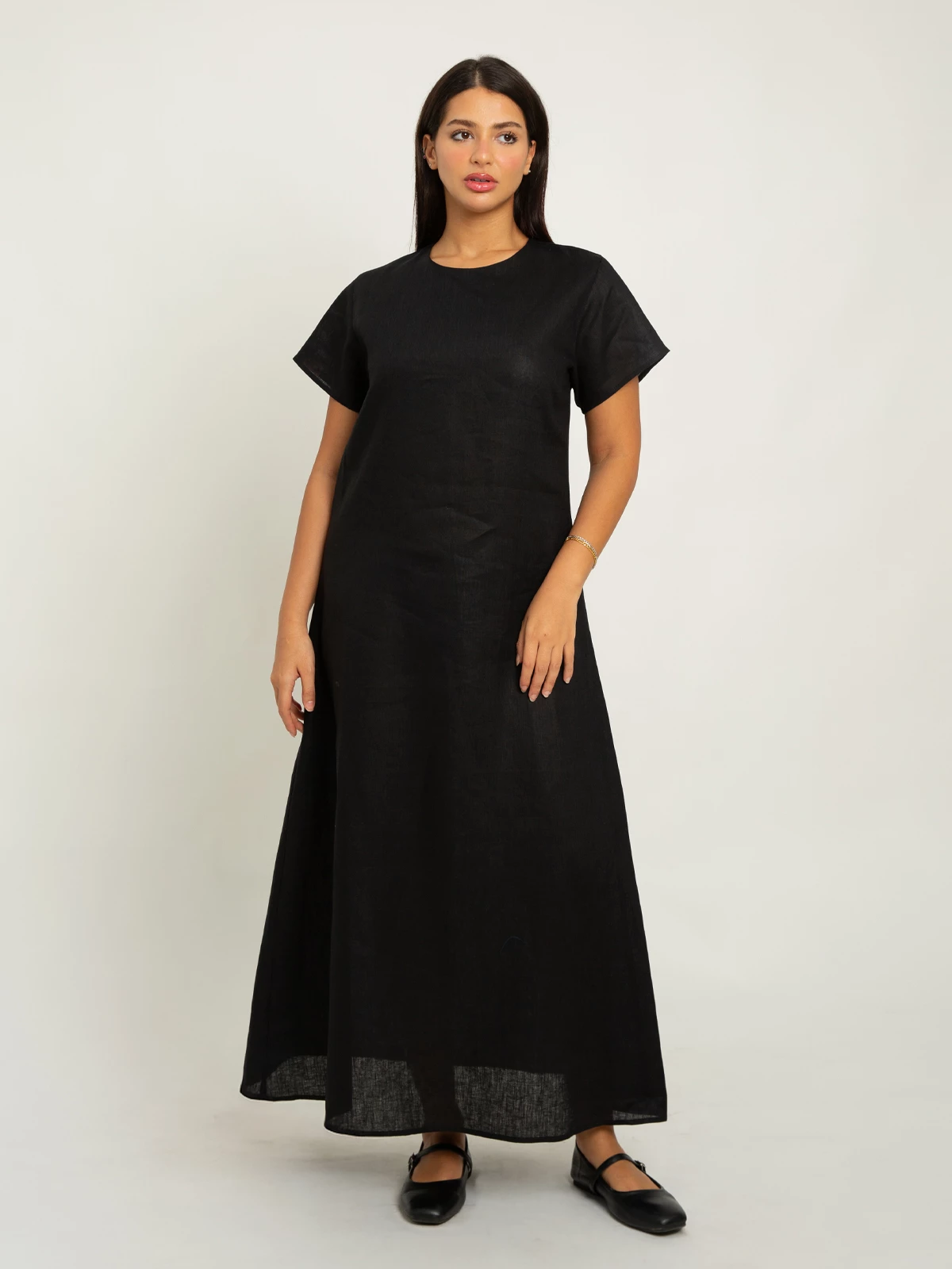 Black Short Sleeves Linen Dress
