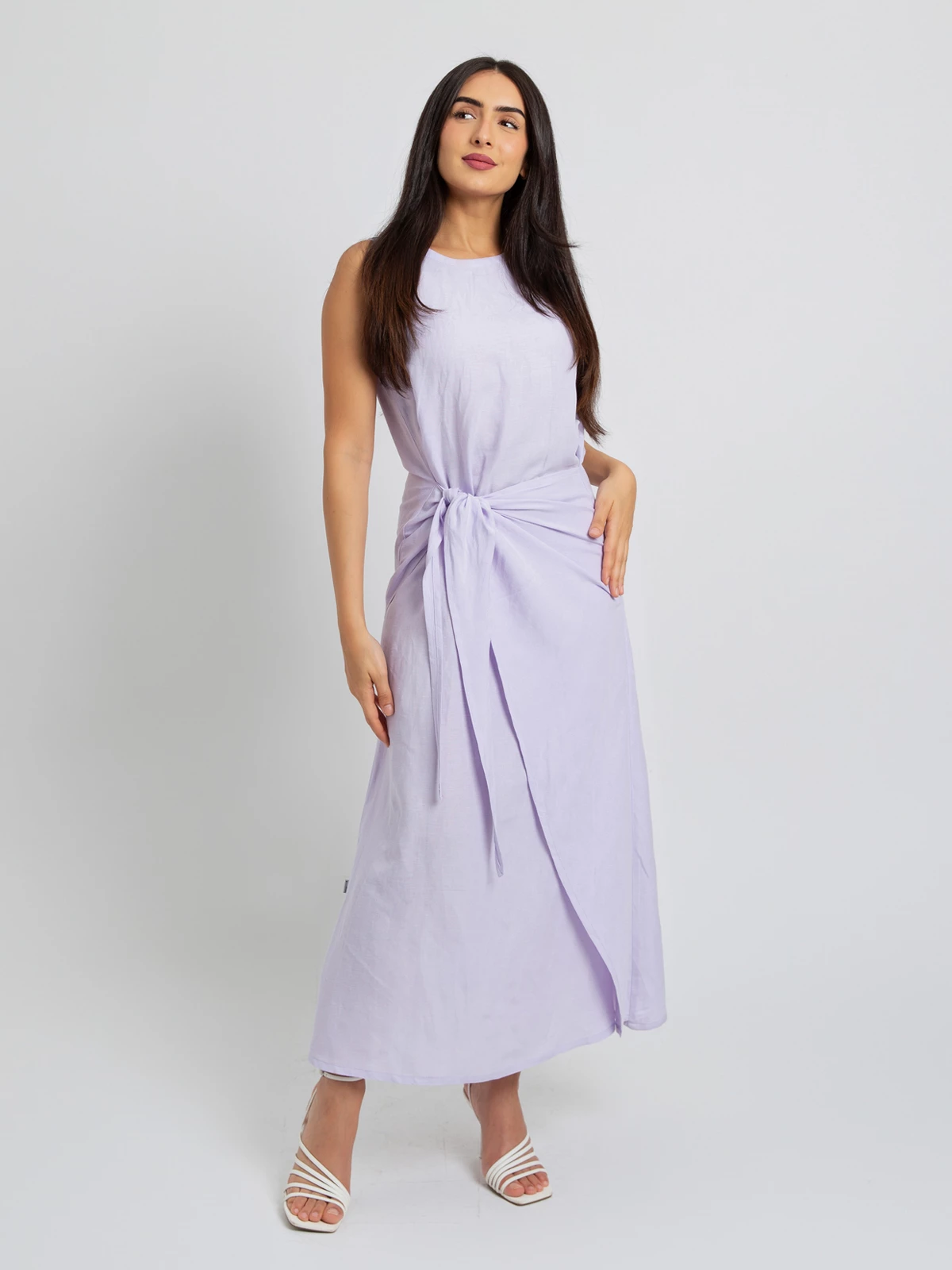 Lavender under abaya closed wrap sleeveless dress in 100% linen fabric by kaafmeem 
