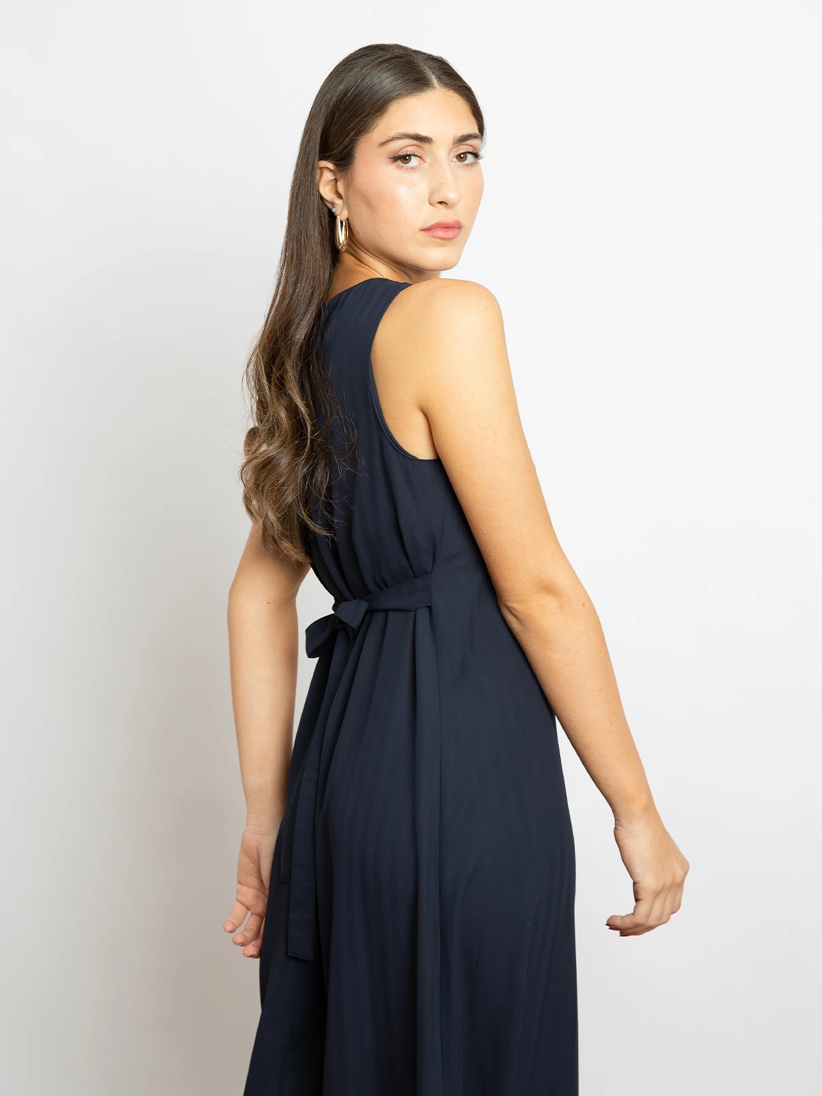 Long sleeveless under abaya dress with belt striped navy color regular fit cut and ankle length for everyday wear