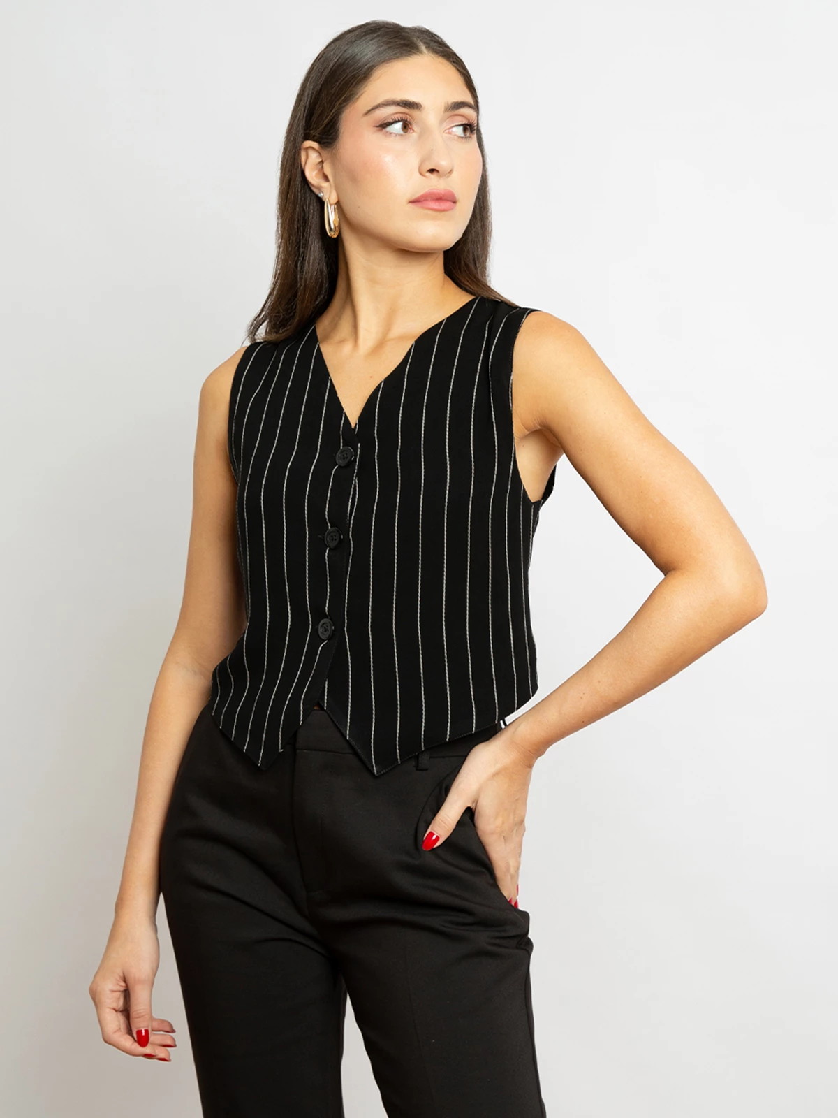 Formal v neck under abaya vest striped black color regular fit cut for formal meetings and events