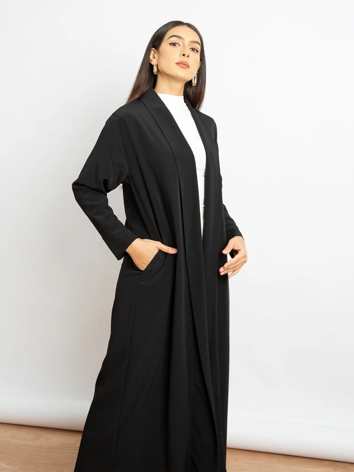Kaafmeem women clothing regular fit black color long open abaya in fancy yoryu fabric with hidden pockets