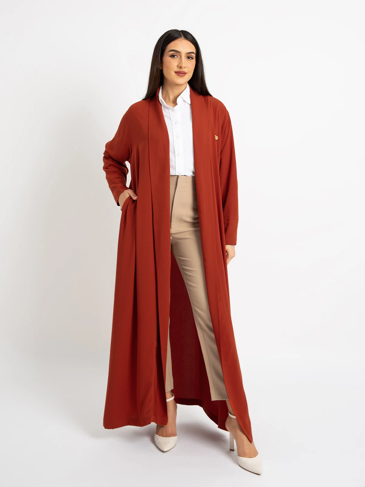 Kaafmeem women clothing regular fit brick color open long practical abaya in crepe fabric 