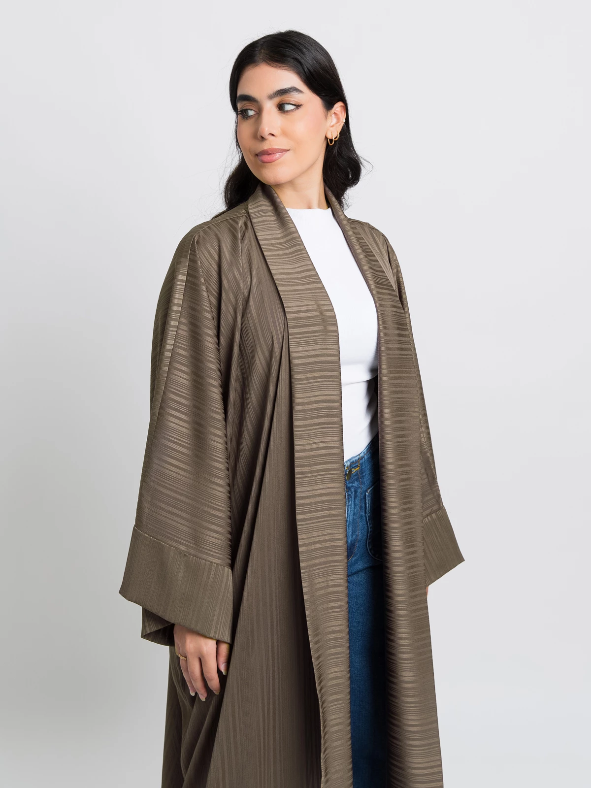 Kaki open long elegant flowstyle abaya in chiffon fabric by kaafmeem black friday offers and sale