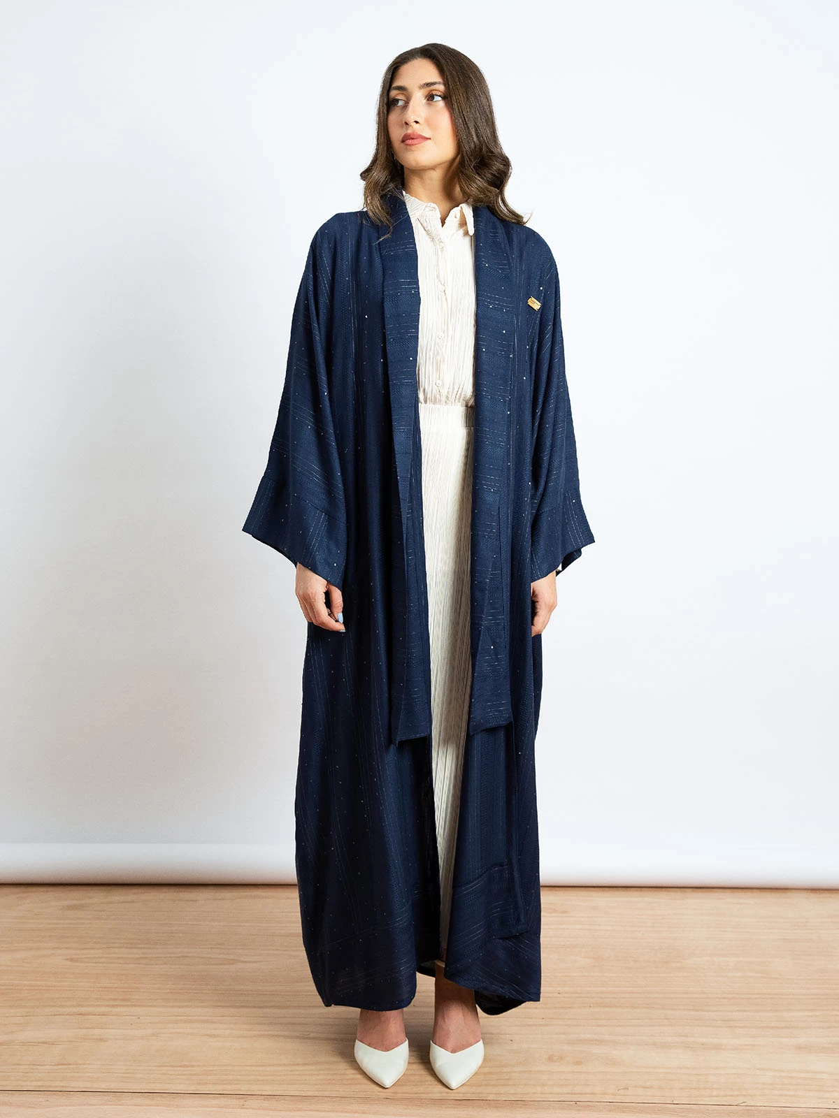 Kaafmeem women clothing wide cut navy color long fancy sequin abaya in lightweight fabric for Ramadan nights