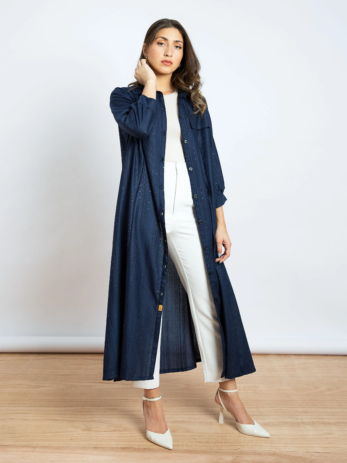 Kaafmeem women clothing regular fit cut navy color midi fancy sequin shirt abaya in lightweight fabric for Ramadan nights