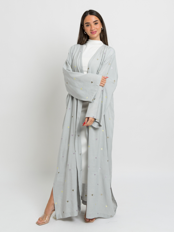 Grey Embroidered Linen Abaya