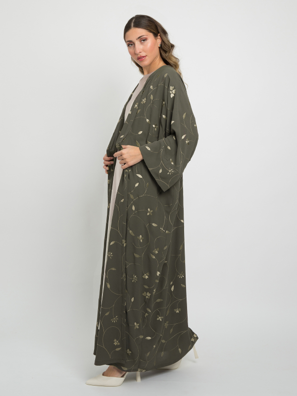 Umbrella Cut Open Abaya with Flared Sleeves - Warm Olive Gold main image 1