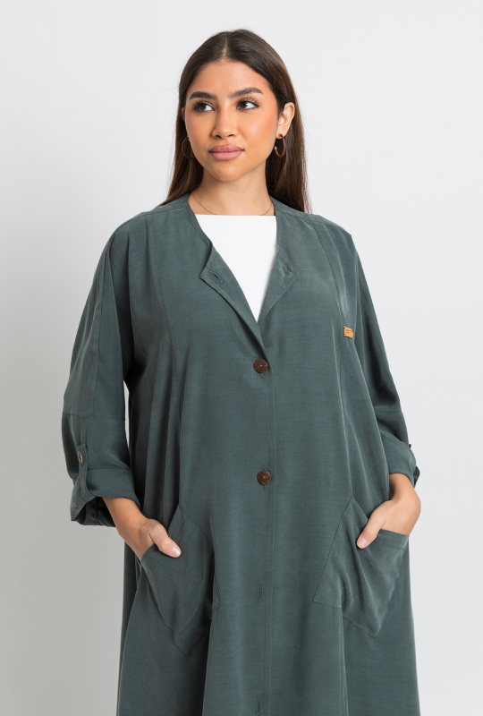 Latest Abayas, Clothing & Tarha Green Hoodie-less Abaya | Winter Abaya