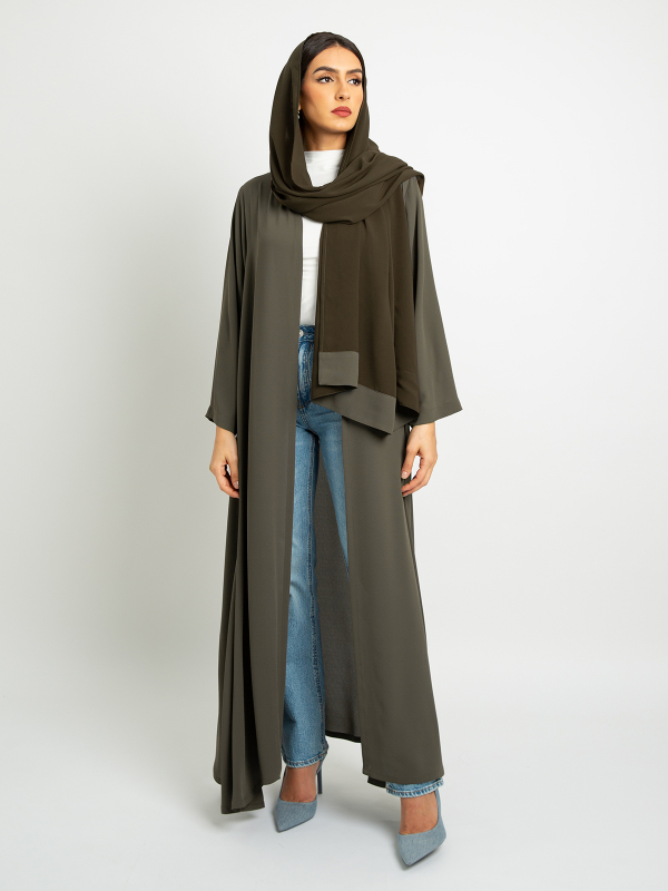 Eid Three-Piece Indian Linen Set: Patterned Abaya in Cloche-Cut, Inner Dress & Hijab (Midnight Blue)