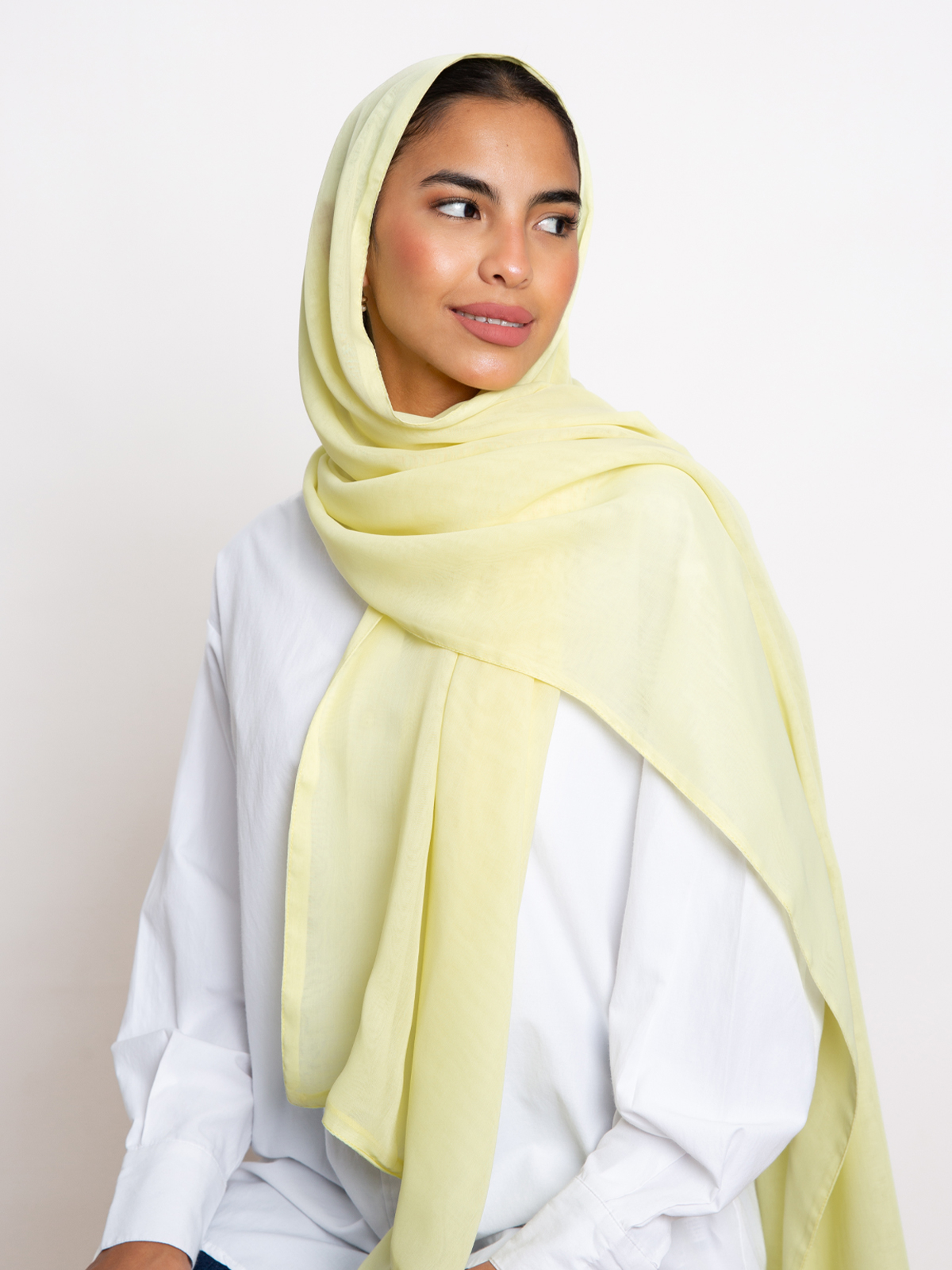 yellow plain double layered comfy japanese voile hijab tarha by kaafmeem in the black friday sale