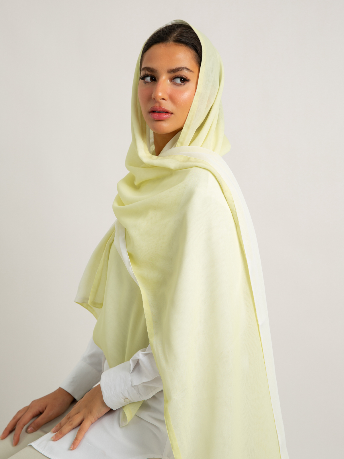 Yellow plain double face comfy japanese voile hijab tarha by kaafmeem for daily wear