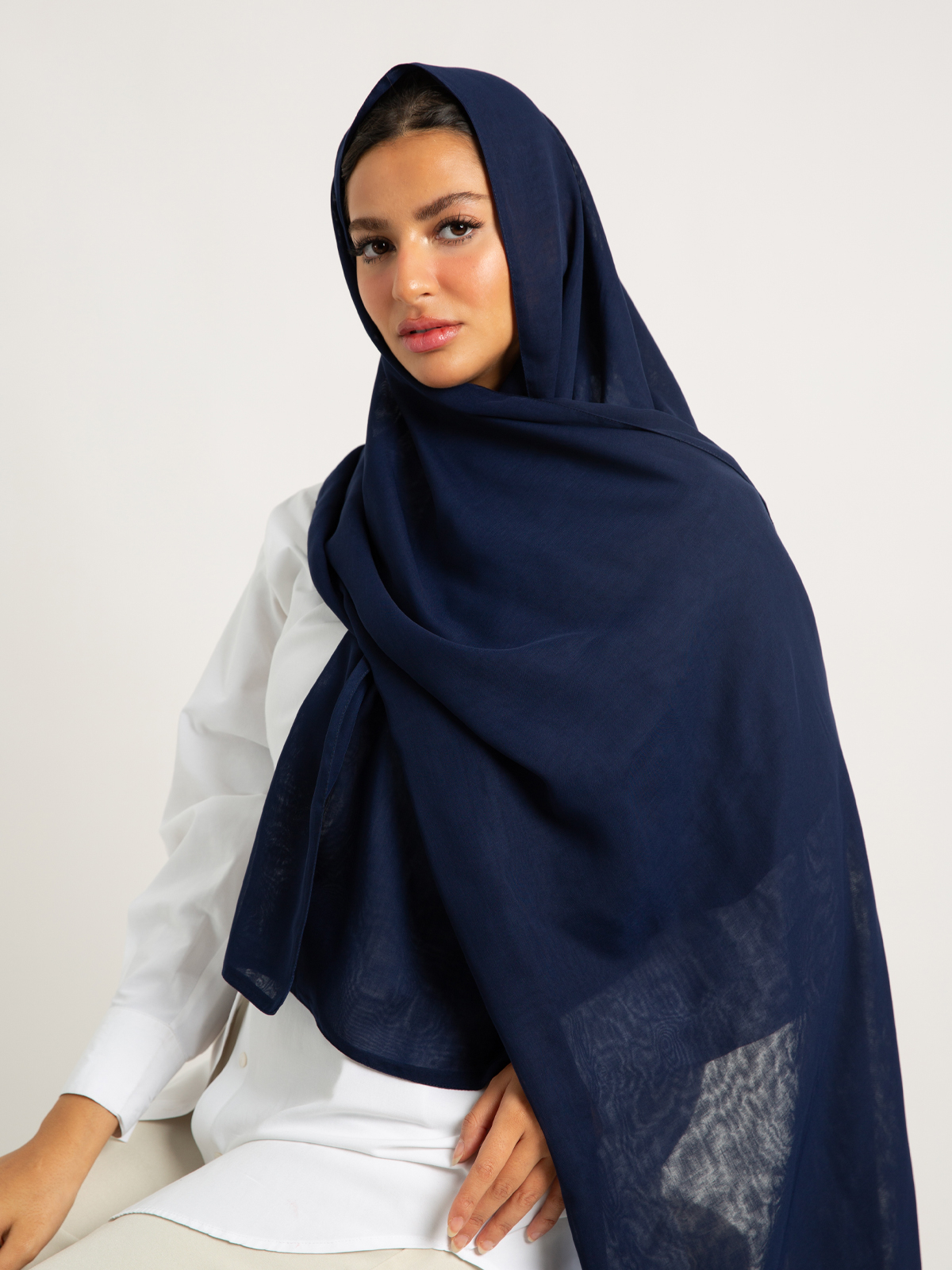 Navy plain double layered comfy japanese voile hijab tarha by kaafmeem for daily wear