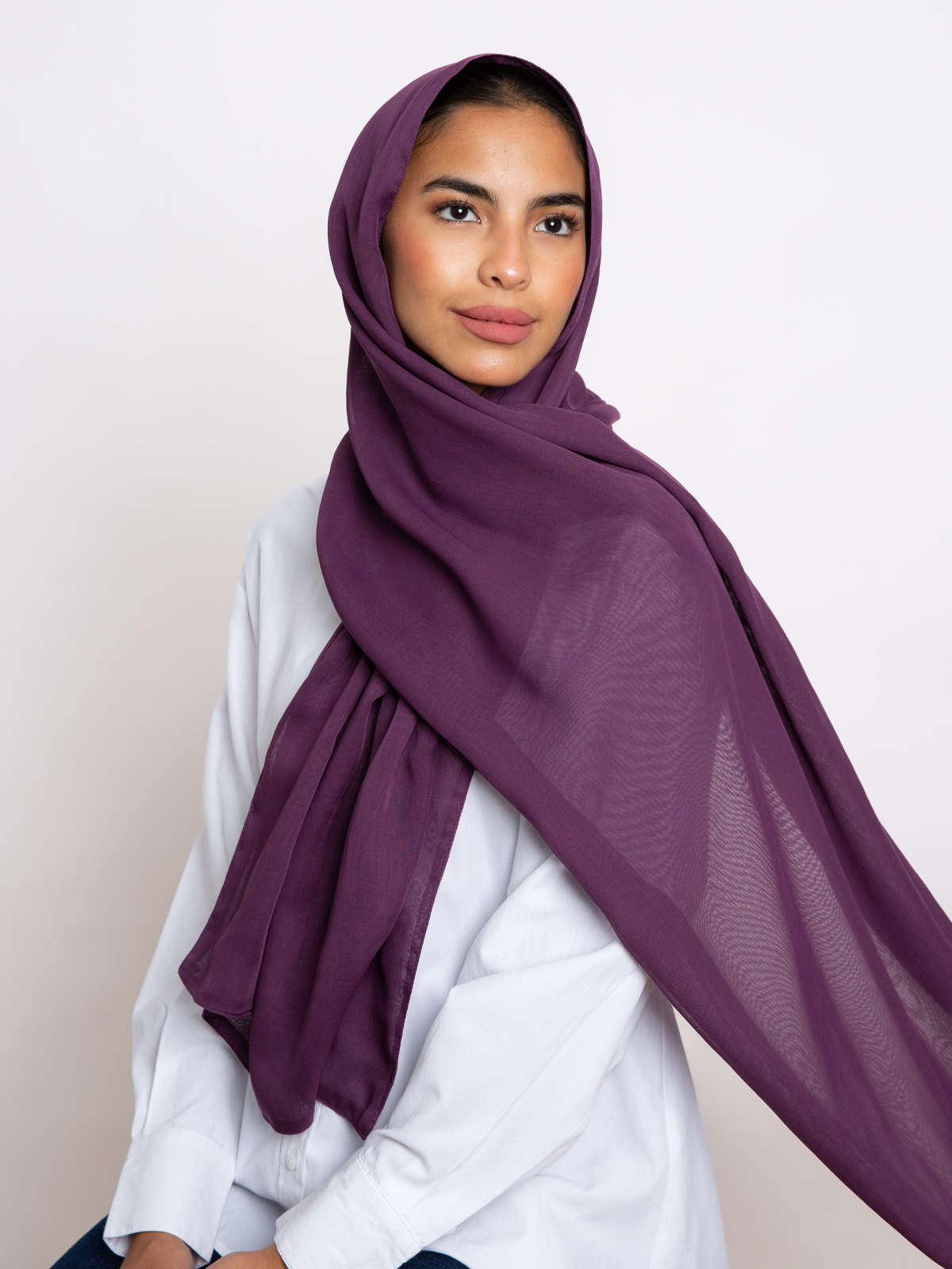 purple plain double layered comfy japanese voile hijab tarha by kaafmeem in the black friday sale