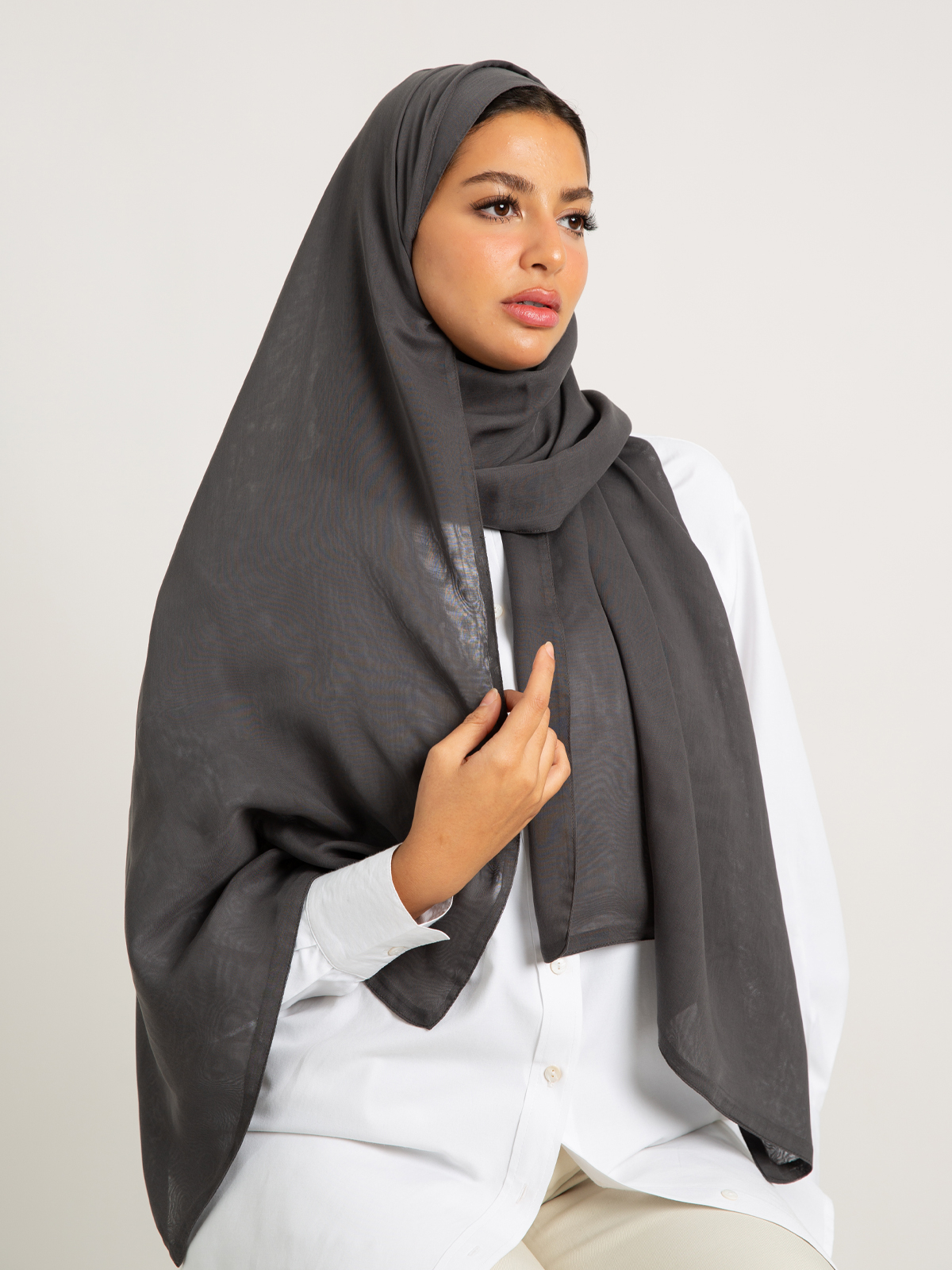 Gray plain double layered comfy japanese voile hijab tarha by kaafmeem for daily wear