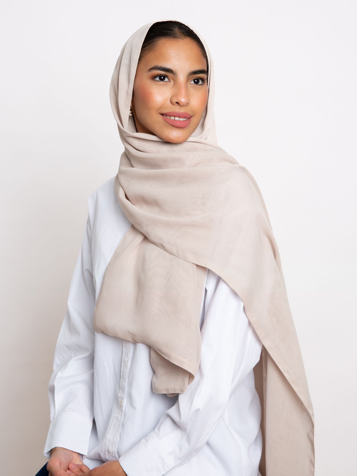beige plain double layered comfy japanese voile hijab tarha by kaafmeem in the black friday sale