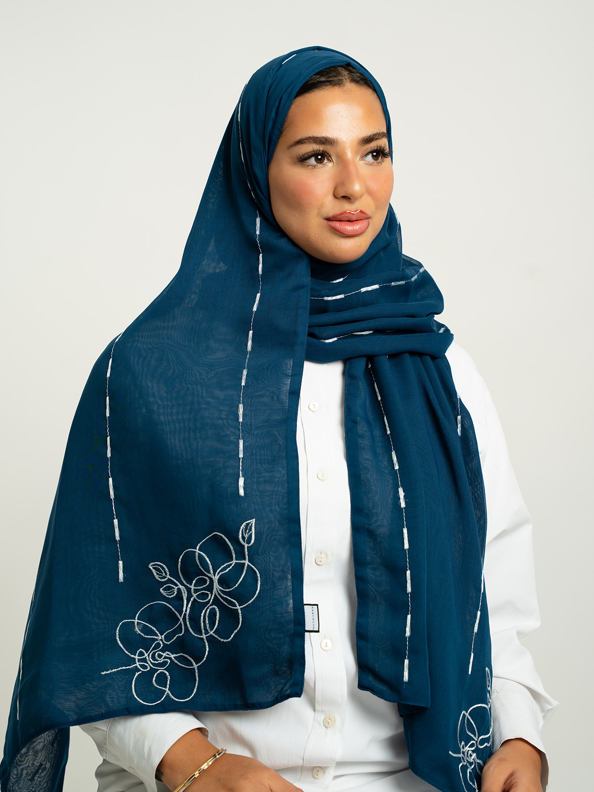 Navy Painter Flower Double Voile Tarha