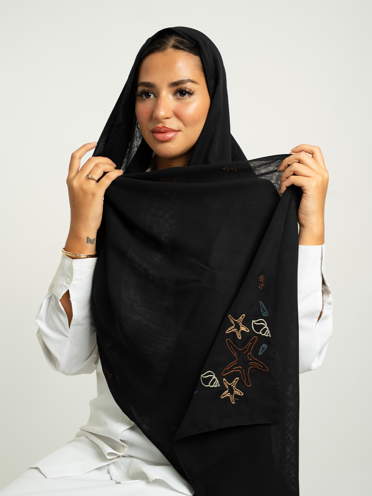 Black Whisper Shells Double Voile Tarha