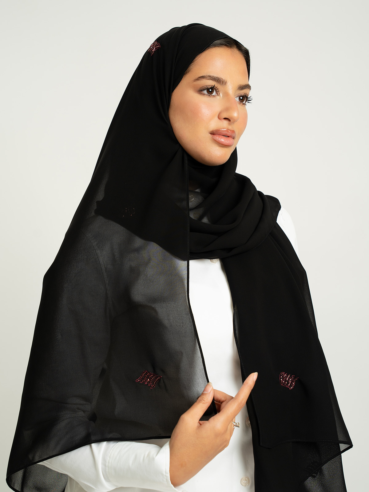 Black with Beaded embroidery soft and breathable chiffon laser hijab tarha by kaafmeem