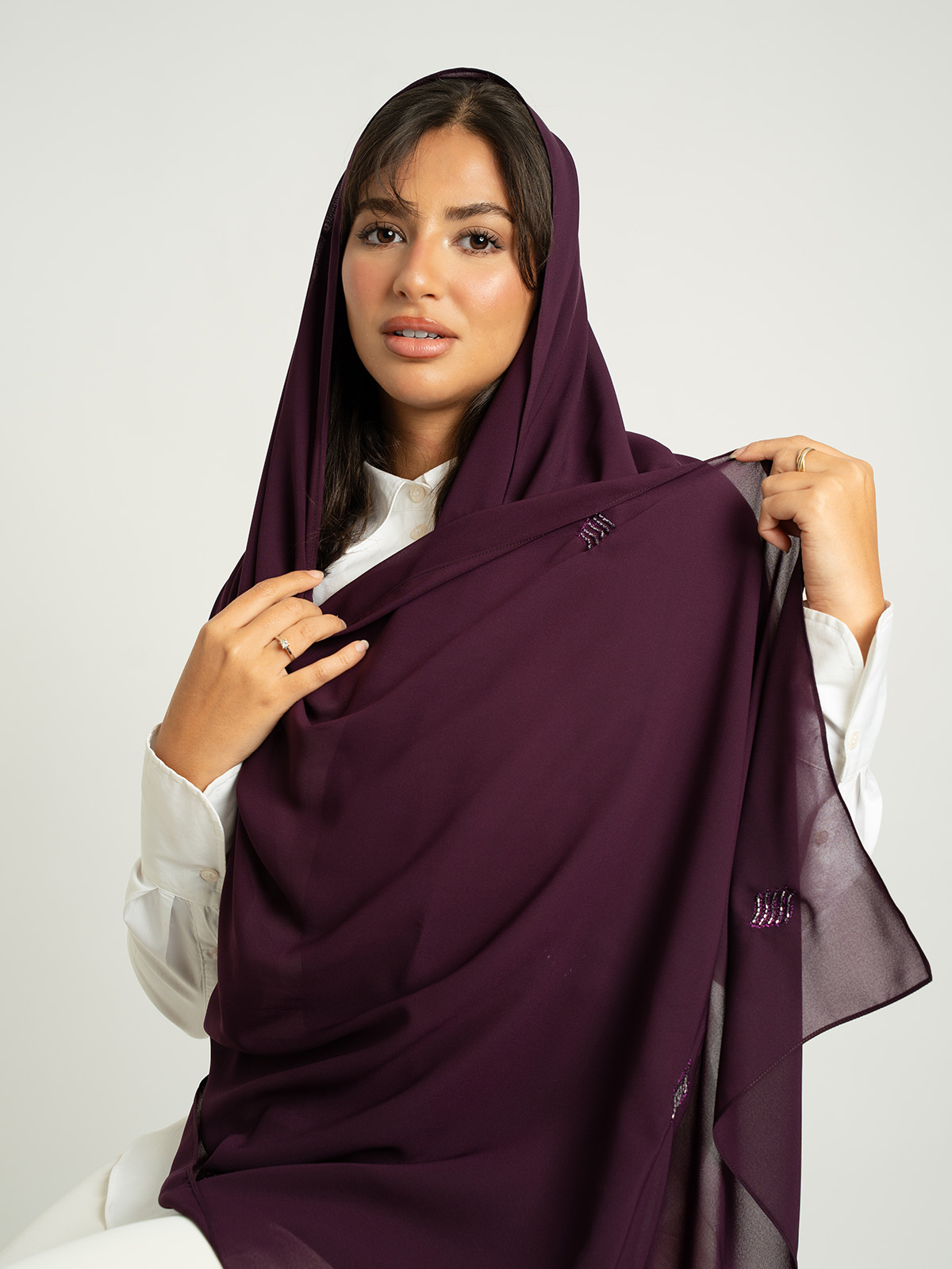 Mauve with Beaded embroidery soft and breathable chiffon laser hijab tarha by kaafmeem