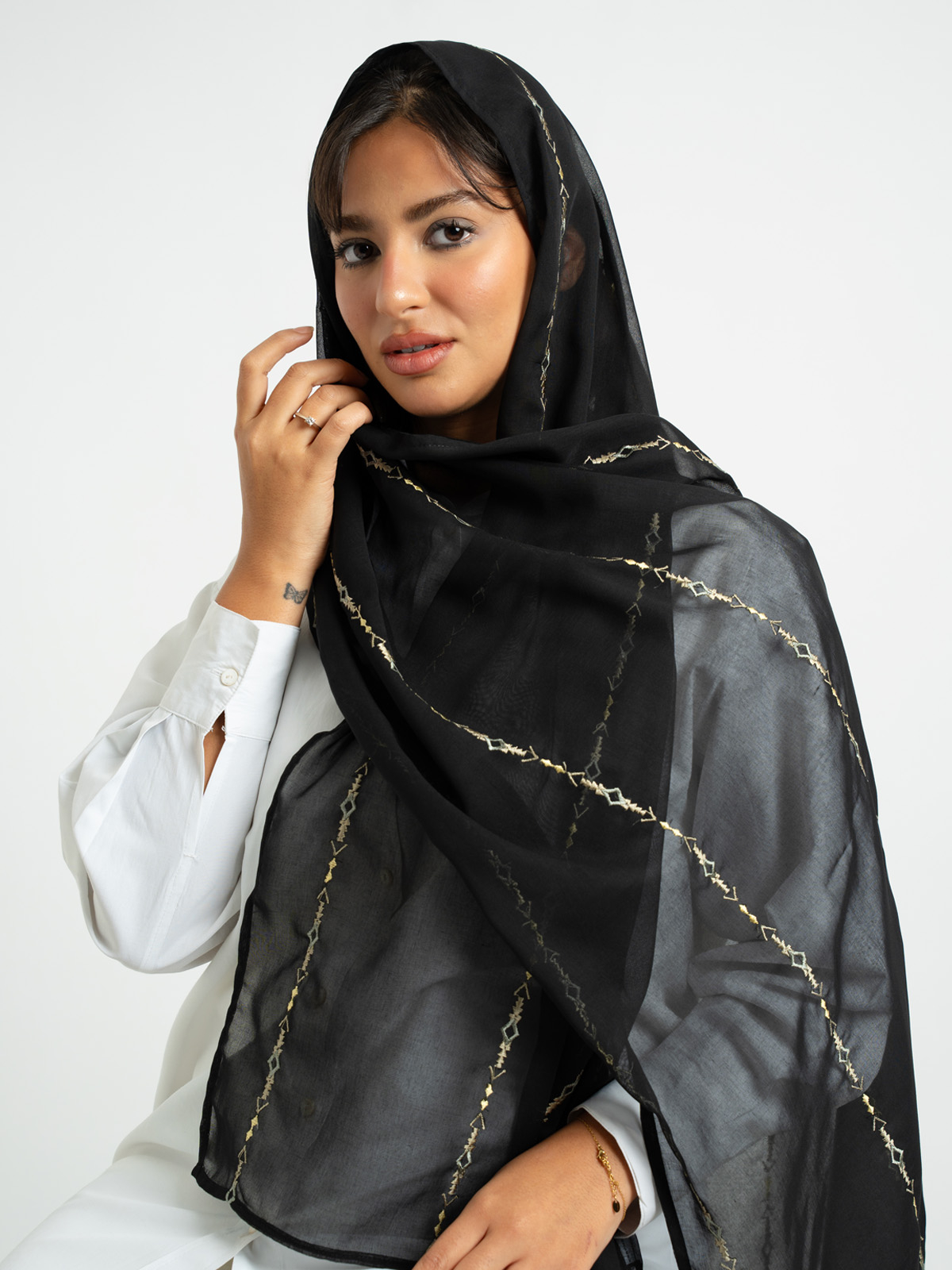 Black Boho Lines One Layer Voile Tarha 