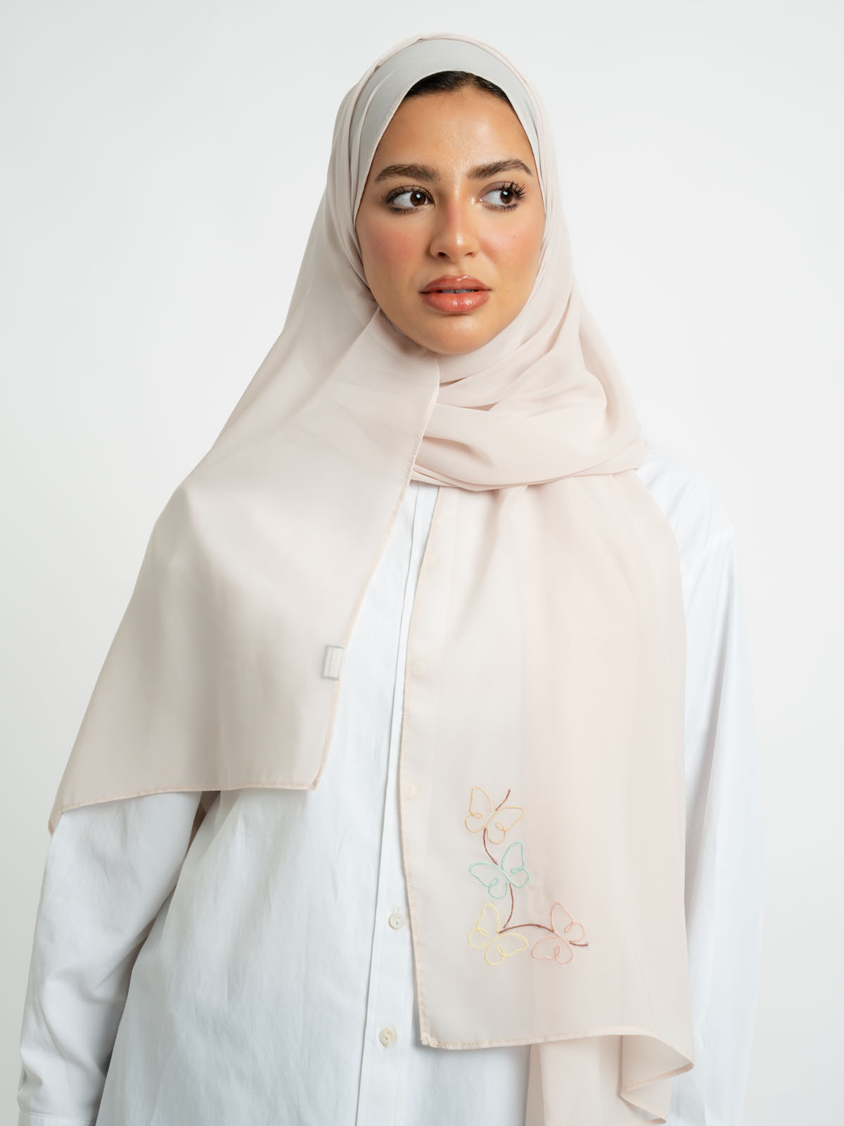 Beige with butterfly embroidery soft and breathable chiffon laser hijab tarha by kaafmeem