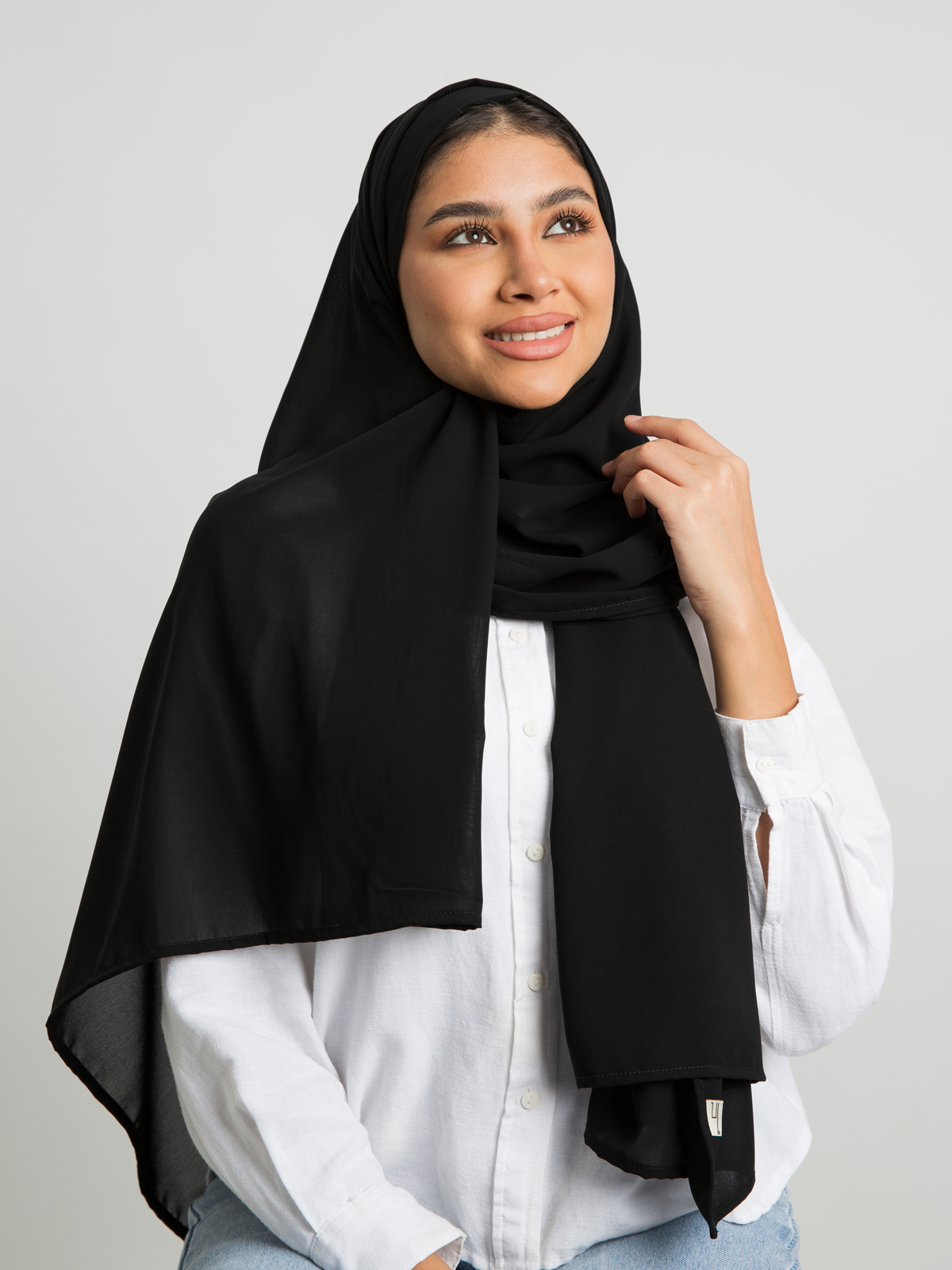 Black plain soft and breathable chiffon laser hijab tarha by kaafmeem for daily wear available in multiple colors