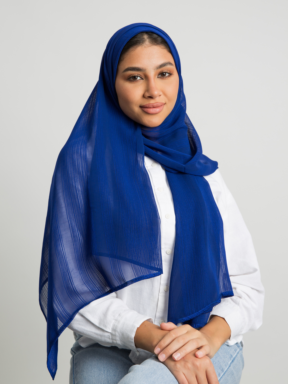 Indigo blue plain bundled stripes soft chiffon laser tarha by kaafmeem hijab for daily wear available in multiple colors
