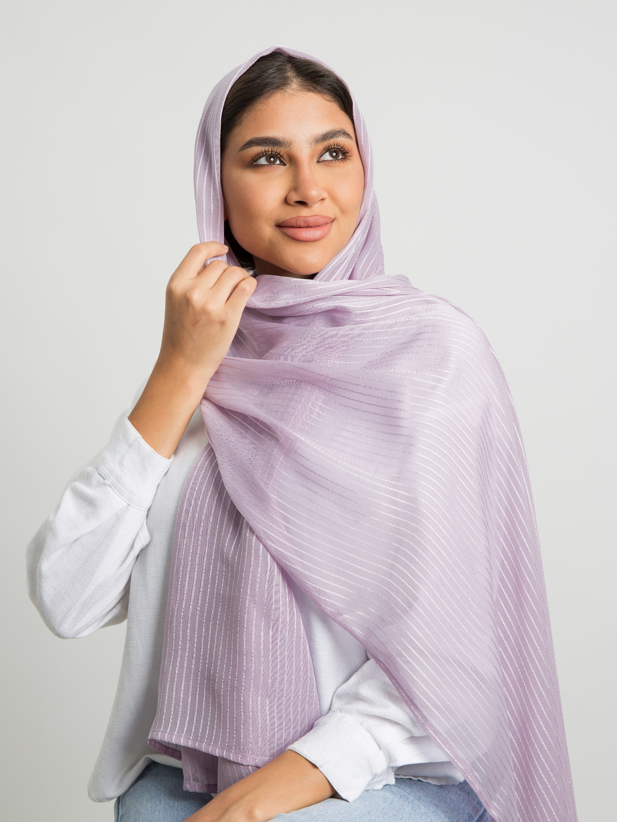 Lavender plain striped soft chiffon laser tarha by kaafmeem hijab for daily wear available in multiple colors