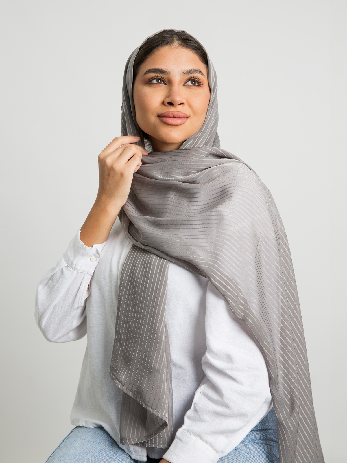 Gray plain striped soft chiffon laser tarha by kaafmeem hijab for daily wear available in multiple colors