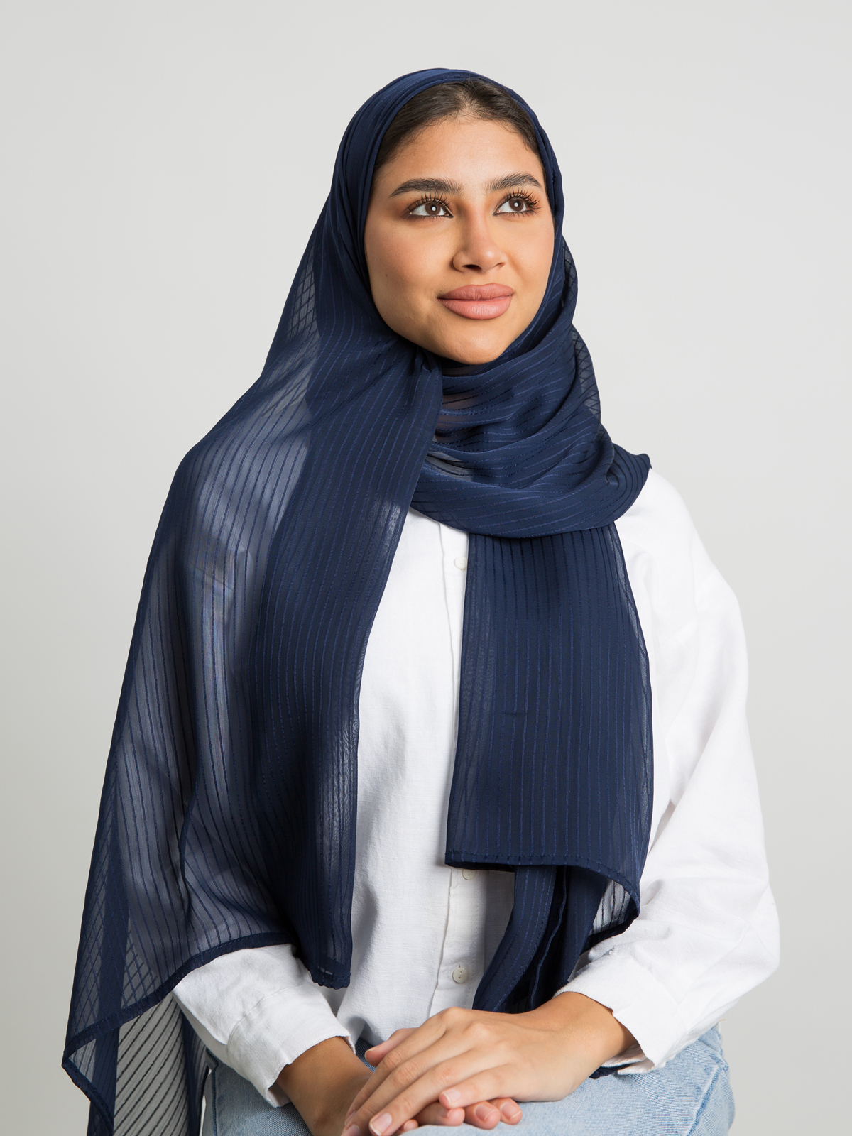 Navy plain striped soft chiffon laser tarha by kaafmeem hijab for daily wear available in multiple colors