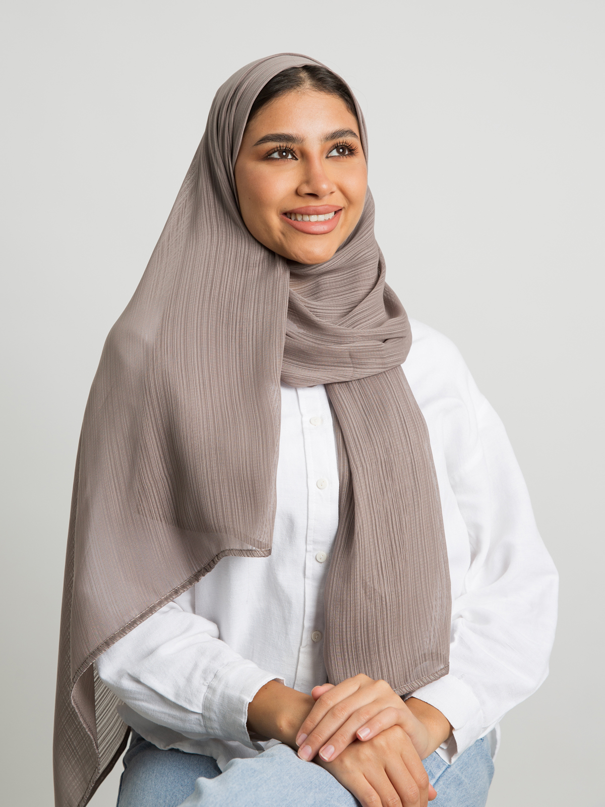 Mocha plain soft stripes chiffon laser tarha by kaafmeem hijab for daily wear available in multiple colors