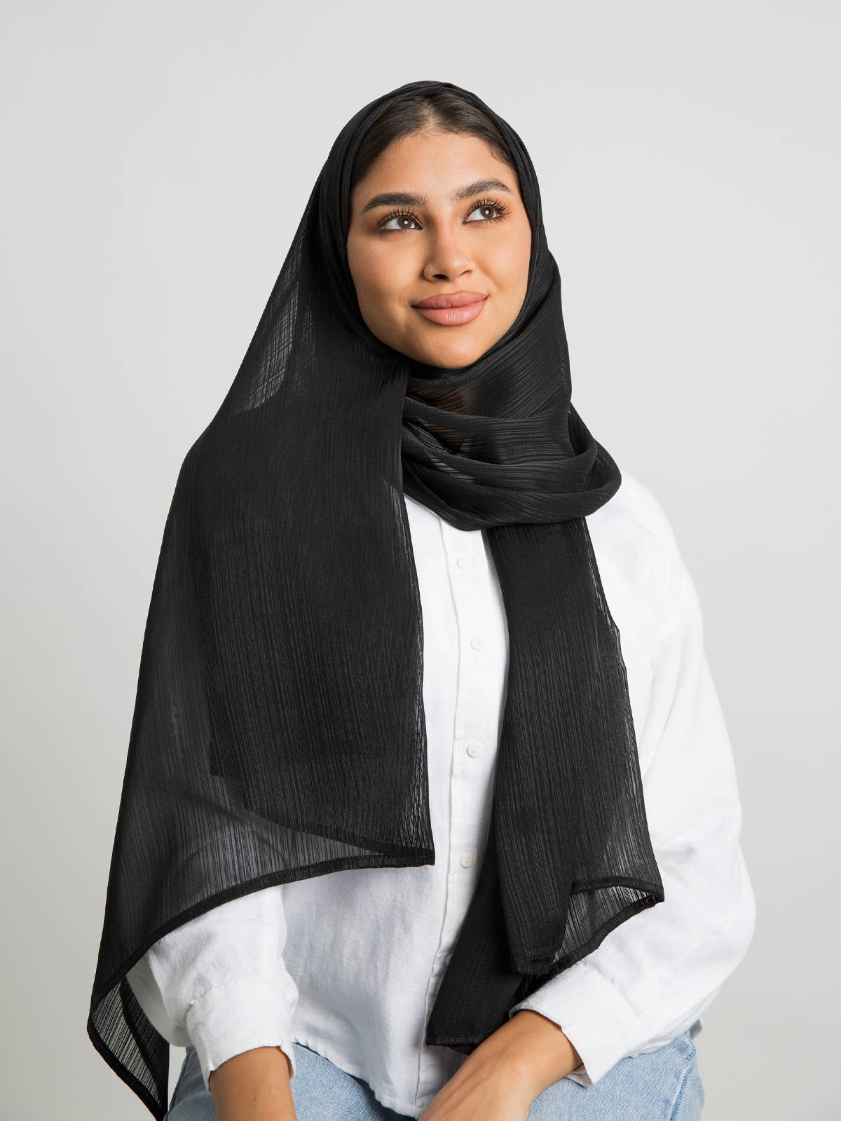 Black plain soft stripes chiffon laser tarha by kaafmeem hijab for daily wear available in multiple colors