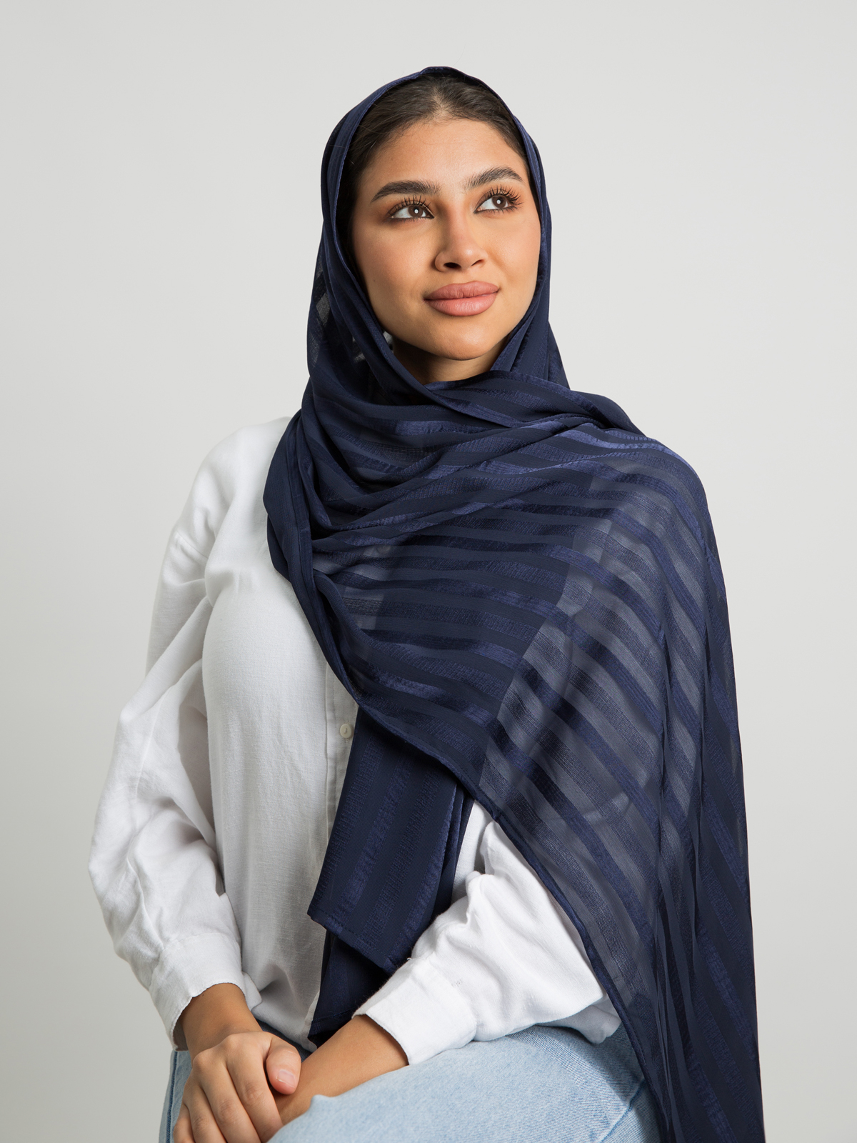 Navy plain wide stripes chiffon laser tarha by kaafmeem hijab for daily wear available in multiple colors