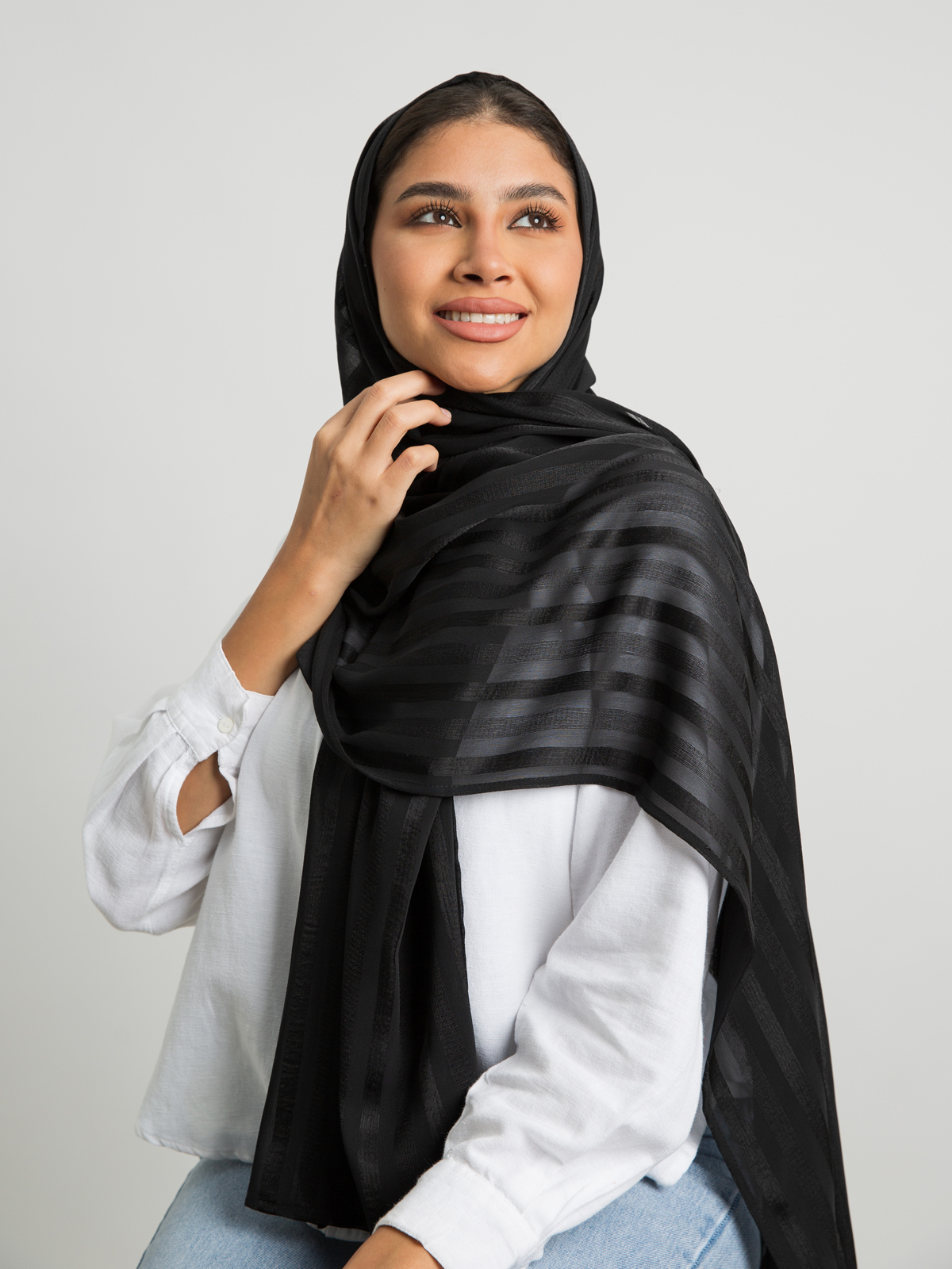Black plain wide stripes chiffon laser tarha by kaafmeem hijab for daily wear available in multiple colors