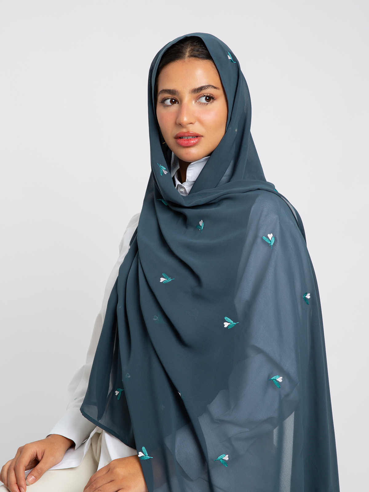 Teal with heart flower embroidery soft and breathable chiffon laser hijab tarha by kaafmeem black friday offers